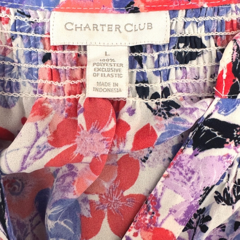 Charter Club Floral Butterfly Smocked Blouse Pink Blue Size L 3/4 Sleeve Top - Picture 4 of 7